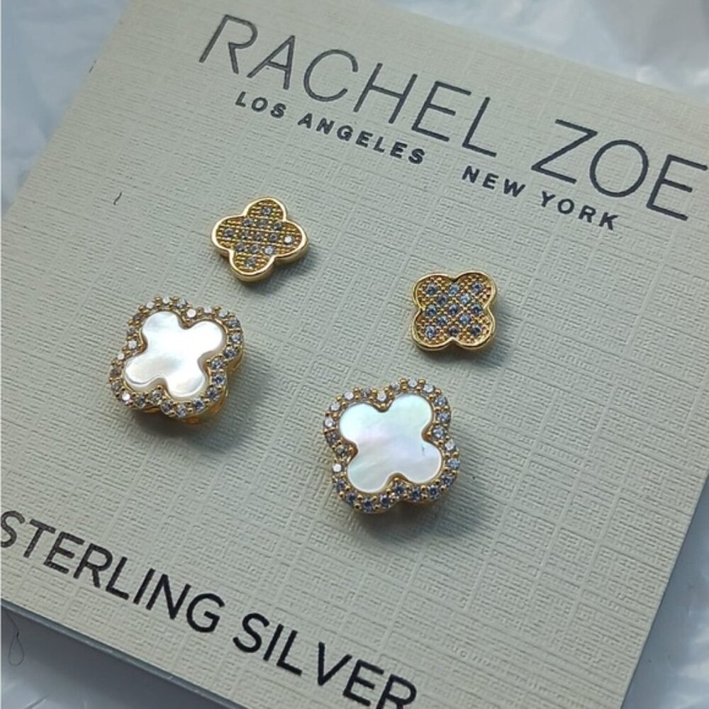 Rachel Zoe Set of 2 Mini earrings Clover Sterling silver 925 Gold Plated - Picture 8 of 13